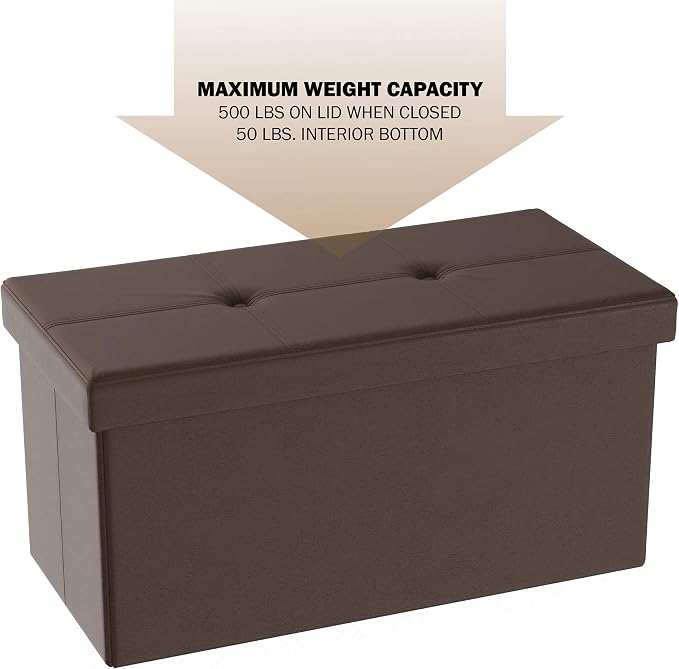 Storage Ottoman - 30-Inch Folding Faux Leather Footrest, Linen Chest, or Bench with Removable Bin for Living Room or Bedroom by Lavish Home (Brown)