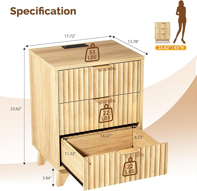 VINGLI Fluted Nightstand with Charging Station, 3 Drawer Nightstand Oak Modern Night Stand for Bedroom, Fluted Bedside Table/End Table/Side Table, 17.72" W*13.78" D*23.62" H, 1 pc