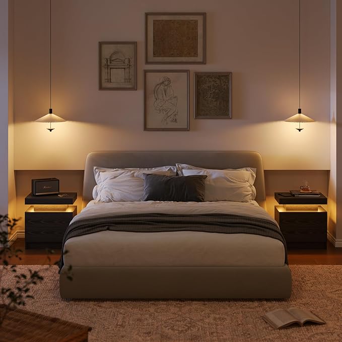 LED Nightstand with 2 Drawers,Modern Nightstand for Bedroom,Black Night Stand with LED Lights, LED Bedside Tables for Bedroom