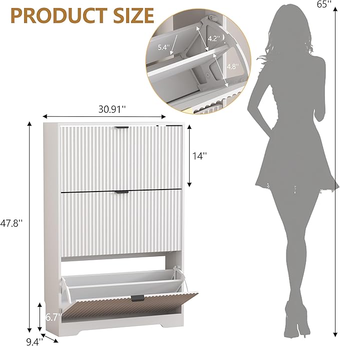 HUANLEGO Shoe Cabinet Storage for Entryway with 3 Flip Drawers, White Fluted Shoe Cabinet with Adjustable Shelves, Wooden Hidden Shoe Rack Freestanding Narrow Slim Shoes Storage for Hallway, Entrance