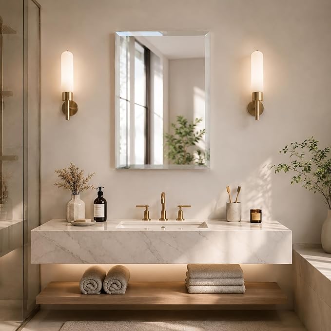 Plastic Bathroom Medicine Cabinet Mirror 16x20 inch, Recessed Medicine Cabinet or Surface Wall Mount Bathroom Cabinets with Adjustable Shelves, Beveled Edge Mirror Cabinet