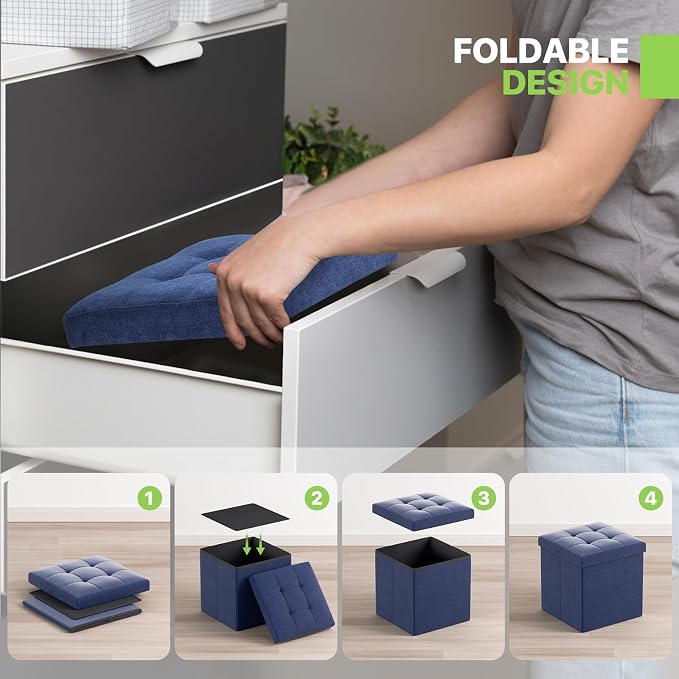 Magshion Folding Storage Ottoman Cube, 15 Inches Small Foot Rest Stool, Square Ottoman with Storage for Bedroom, Living Room, Dorm, Navy Blue