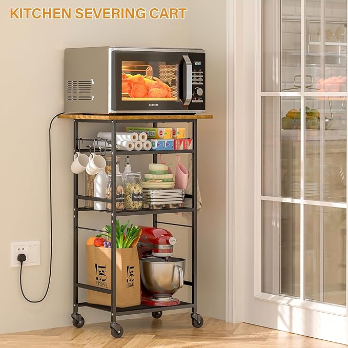 ThreeHio Rolling Kitchen Microwave Cart, 4 Tier Microwave Table Stand with Storage, Kitchen Storage Rack on Wheels, Coffee Station Cart Rack Shelf Organizer for Living Room Office, Balcony