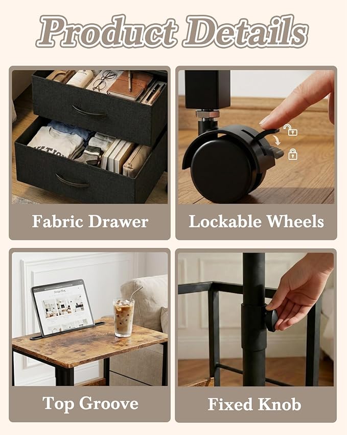 Faesun Swivel Lift Top Nightstand with Charging Station, Rolling Side Table for Recliner, Bedside Table with Wheels & 2 Fabric Drawers, for Small Spaces, for Bedroom, Living Room, Brown Black