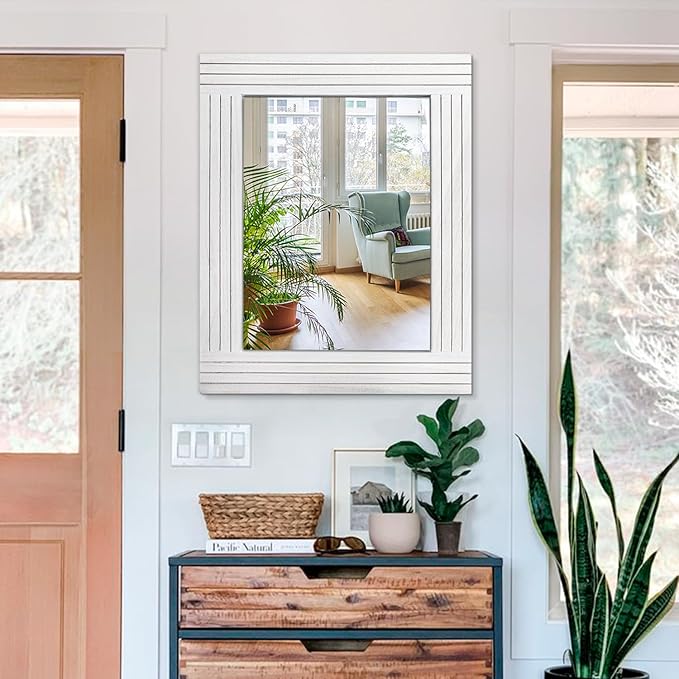 Rustic Wall Mirror, Rectangular Vintage Wood Framed Large Mirror for Living Room, Bathroom, Bedroom & Entrance - White, 26" x 18"