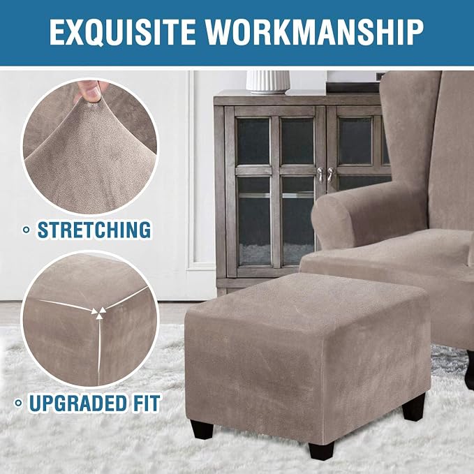 H.VERSAILTEX Square Ottoman Covers Ottoman Slipcover Square Footstool Protector Covers Storage Stool Ottoman Covers Stretch with Elastic Bottom, Feature Real Velvet Plush Fabric, Taupe