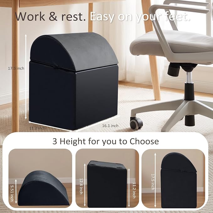 Foot Rest Under Desk, Non-Slip Footrest with 3 Adjustable Heights for Under Desk at Work, Ergonomic Desk Foot Stool with Washable Cover for Leg Rest, Desk, Home, Office, Chair (Black)
