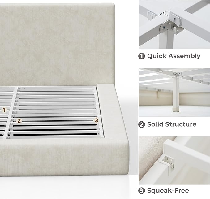 RECCI AirFrame Queen Bed Frame with Headboard, Cloud Upholstered Platform Bed Frame, 5 Inch Foam Cushioned, No Box Spring, Easy Assembly(Beige Chenille)