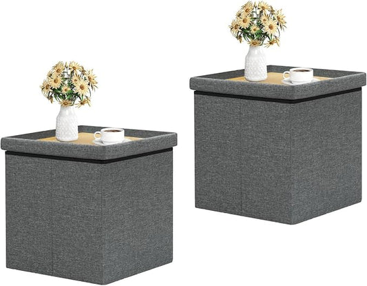 B FSOBEIIALEO Storage Ottoman with Tray, Linen Small Coffee Table Folding Foot Rest Seat Cube, Dark Grey 16"X15.7"x15" Double (2 Pack)