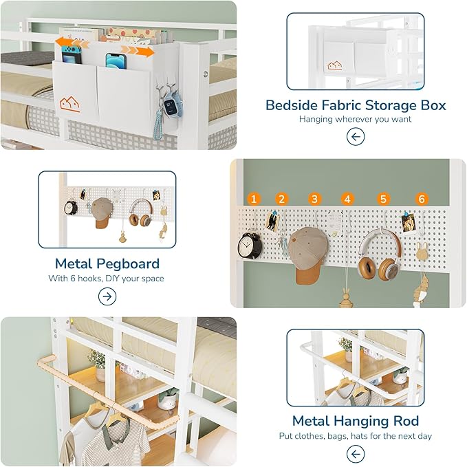 Twin Over Full Size Bunk Bed with 4 Storage Drawers and Bookshelf, Metal Bunk Beds with LED Lights, Charging Station, Loft Bunk Bed with Pegboard, Safety Guardrail and Ladders, for Kids, Teens, Adults
