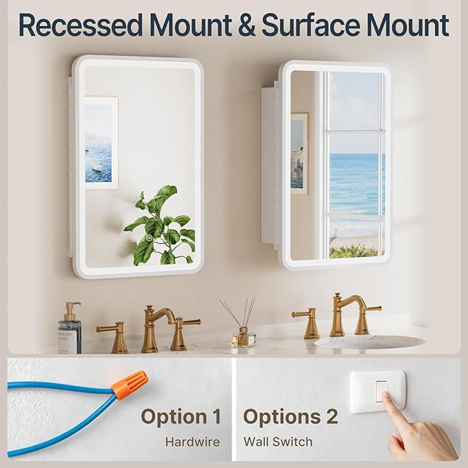 16x24 Inch Medicine Cabinet with Lights,Wall or Recessed Mounted LED Bathroom Mirror Cabinet, Defogger, Storage Shelf, 3 Color Dimmable Light with Memory Function, Left Hinge,White