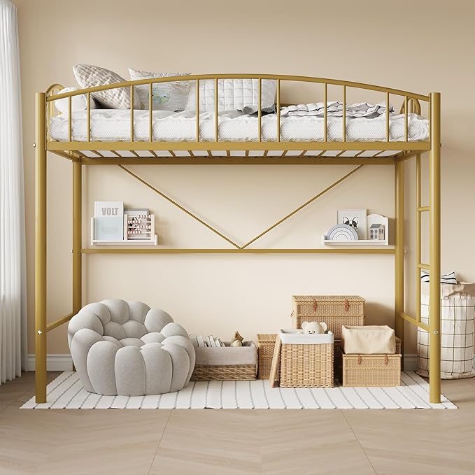 GarveeHome Loft Bed Twin Size, Heavy Duty Metal Loft Bed Frame with Arched Guardrail and Safety Ladder, Space-Saving, No Box Spring Needed, Modern Gold