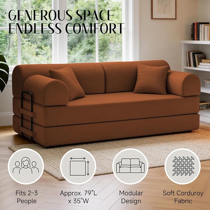 78.8" Convertible Sofa Bed with Detachable Arm Pillow, 6-in-1 Sectional Couches for Living Room, Corduroy Boneless Couch, Sleeper Loveseat Couch Bed, No Assembly, Orange Couch