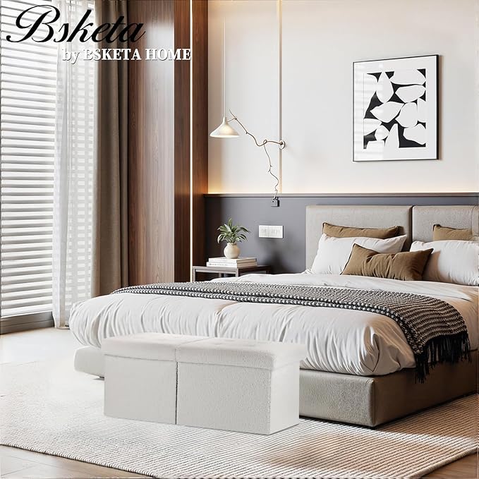 Bsketa Storage Ottoman Bench with Folding Lid Ⅲ, Foot Stools Opens on Both Ends, Footrest Foldable Teddy Velvet Chest for Living Room, Bedroom, Entryway, End of Bed Storage Blanket Ottomans White