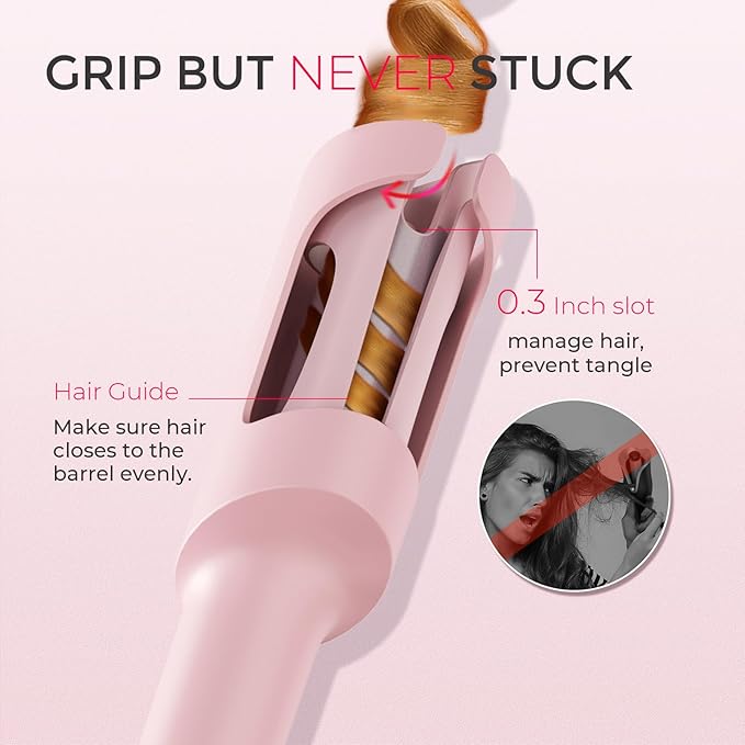 TYMO オートカールヘアアイロン - TYMO CURLPRO ビーチウェーブヘアアイロン、ポータブルヘアカーラー、5億マイナスイオン、デュアルボルテージ＆軽量旅行用、セラミックコーティング、1 1/4インチ、ピンク