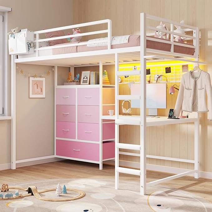 DICTAC Twin Size Loft Bed with L-Shaped Desk and 7 Storage Drawers,Metal Twin Loft Bed for Kids with LED Lights & Charging Station,Girls loft beds with 13.11" H Safety Guardrail and Stair,White+Pink