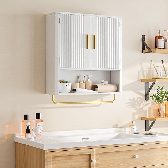 Memobarco Bathroom Wall Cabinet, Medicine Cabinet with Fluted Door & Adjustable Shelf, Over the Toilet Storage Cabinet with Towel Bar, Cabinet Wall Mount for Laundry Room & Kitchen, White