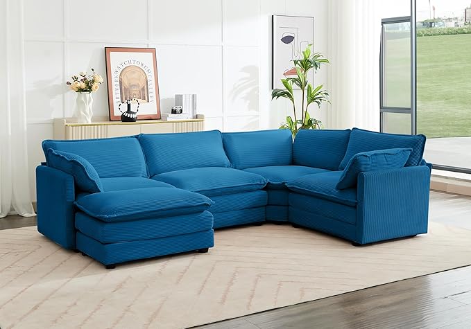 ROWHY 113'' Modular Sectional Cloud Couch, 5 Seater Corner Sofa Big Comfy Corduroy Oversized L Shaped Couch with 2 Pillows, Chaise, Ottoman, Deep Seat Sectional Couches for Living Room Office, Blue