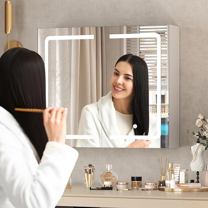 DICTAC Bathroom Medicine Cabinet with Mirrors and Led Lights 27.6x23.62 inch Double Doors Wall Mounted Mirror Cabinet with Storage Organizer Lighted Medicine Cabinets with Adjustable Shelves,White