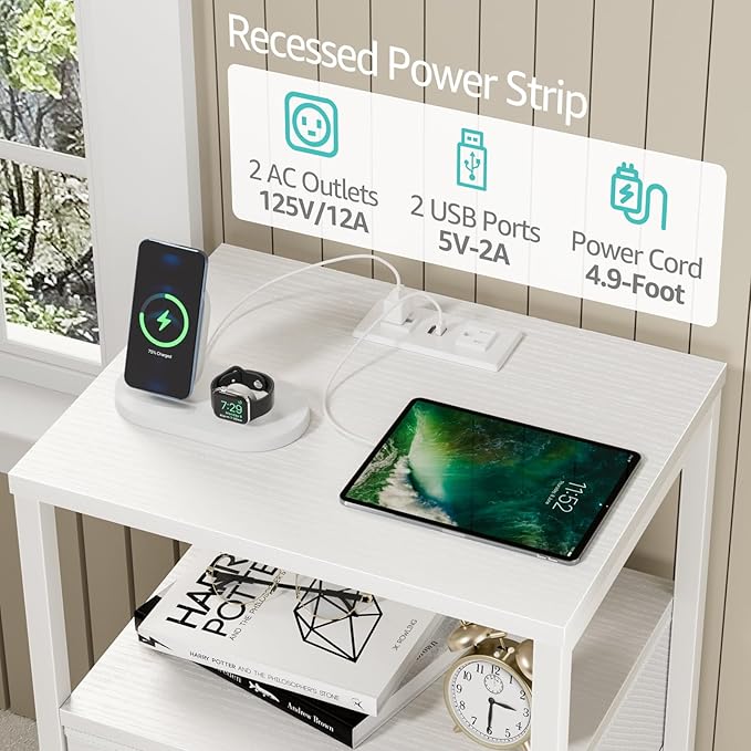 BOLUO White Nightstands Set of 2, Bedroom Night Stand Set Two Nightstand with Charging Station and LED Light, Bedside Table with 2 Fabric Drawers Modern