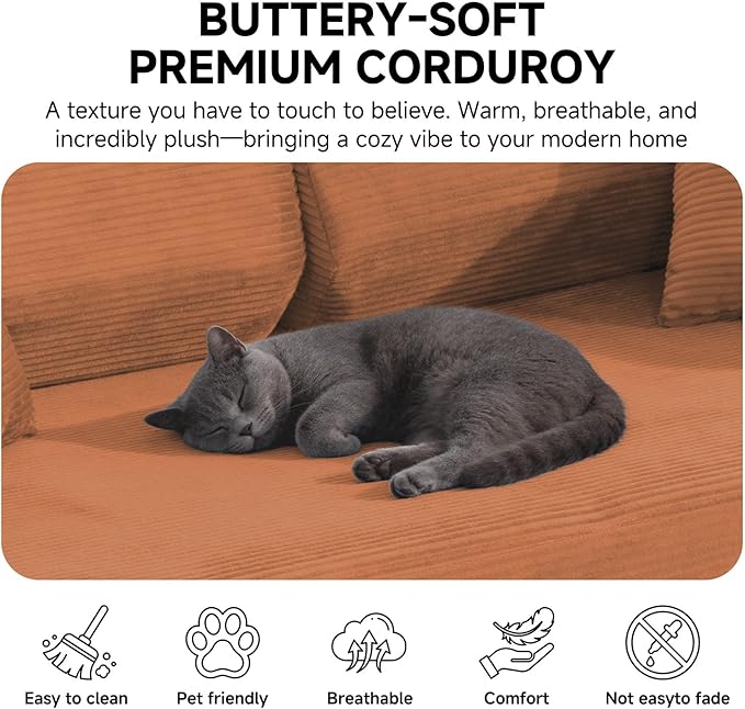 79" Boneless Couches for Living Room, Corduroy Sofa Bed with 2 Pillows,Side Pockets,Hex Arm, 5-in-1 Loveseat Sleeper Sofa for Small Spaces, High-Density Foam Couch, No Assembly, Orange