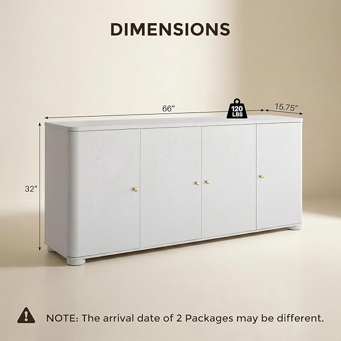 IFGET Curved Buffet Cabinet with Doors, 66" Large Sideboard Buffet Storage Cabinet with 4 Doors and Shleves, Modern Coffee Bar Station Wood Kitchen Table for Kitchen, Dining Room, White