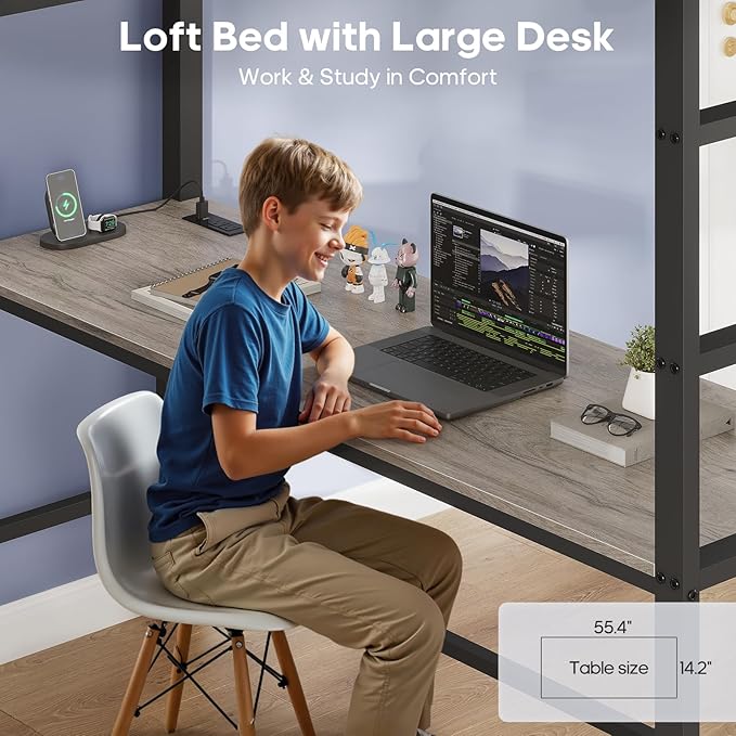 ADORNEVE Loft Bed Full Size with Desk and 8 Storage Drawers, LED Metal Loft Bed with Power Outlet, 2 Shelves & Clothing Rack, Bed with Safety Guardrail & Ladder,Space-Saving, Grey