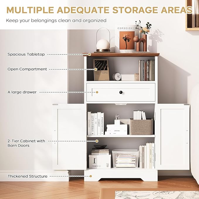 Floor Cabinet, Farmhouse Storage Cabinet with Barn Doors and Drawer, Freestanding Adjustable Shelf Organizer for Bathroom, Kitchen, Living Room White