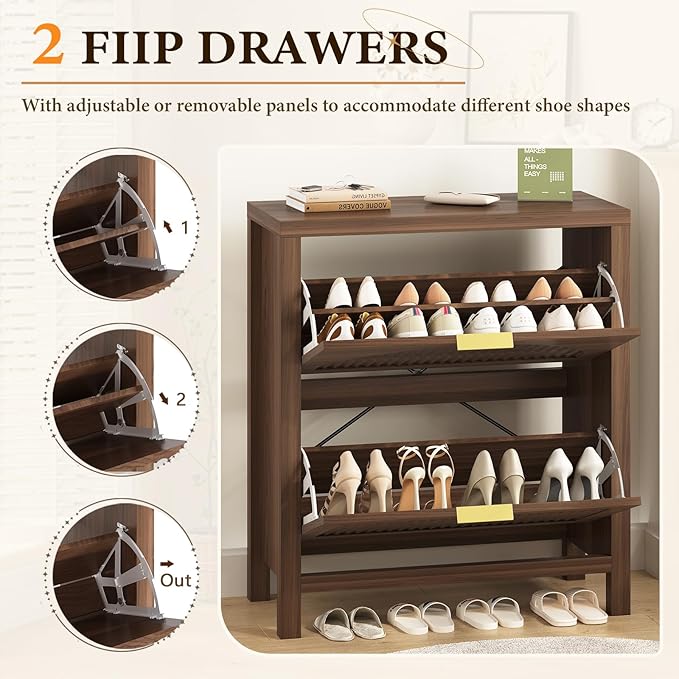 YOMILUVE Shoe Storage Cabinet for Entryway, Fluted Shoe Cabinet with 2 Flip Drawers, Hidden Shoe Rack Slim Freestanding Shoe Organizer with Legs for Hallway, Walnut
