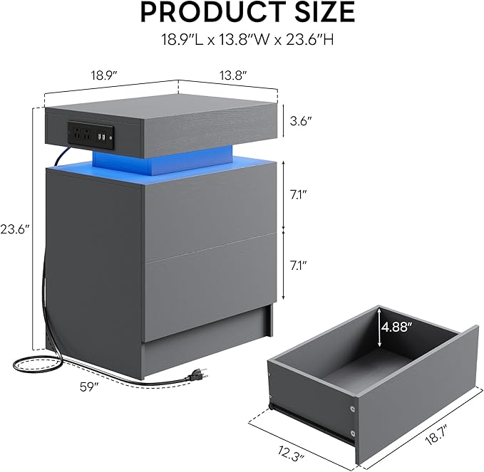 LIKIMIO Night Stand with Charging Station, Modern Grey Nightstand with LED Light and Drawers, Bedside Tables/End Table for Bedroom