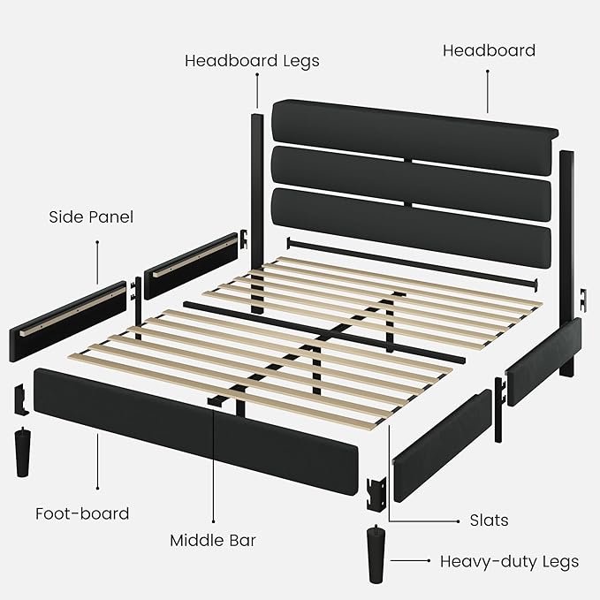 Fluest Queen Bed Frame, Platform Bed Frame with Velvet Upholstered Headboard, No Box Spring Needed, Sturdy Metal Support, Noise Free, Easy Assembly, Modern Bedroom Furniture, Black