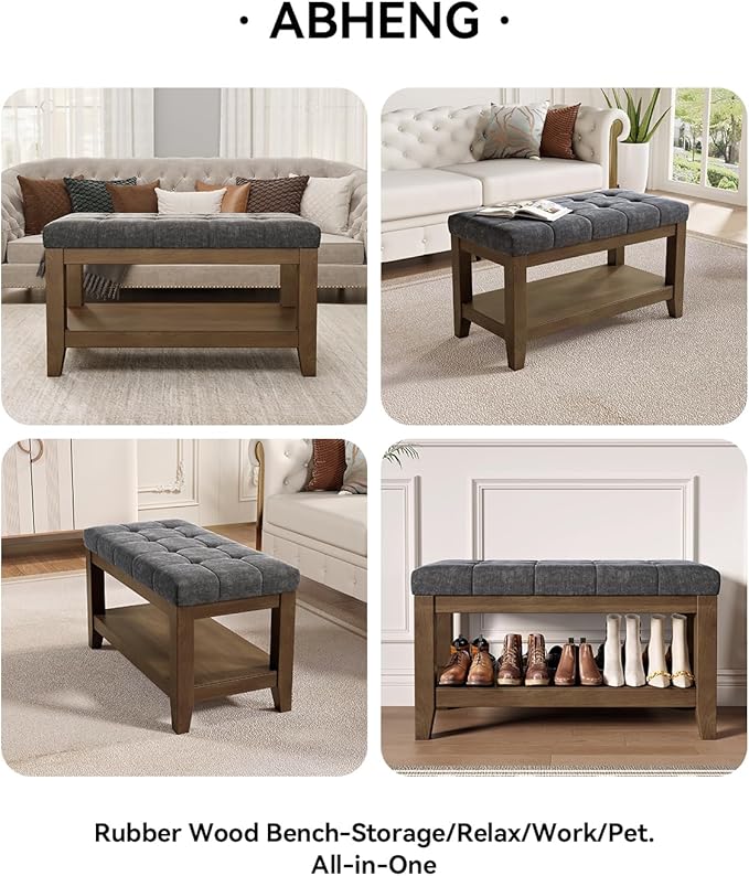 ABHENG Solid Rubber Wood Shoe Bench, Soft Chenille Material Upholstered Seat, 770LB Load Capacity, Multi-Storage for Entryway/Bedroom/Living Room, Vintage Style, 31.5"x15.7"x17.7", Dark Gray,UASND66G