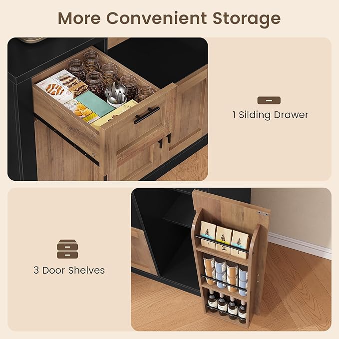 Itaar 71" Pantry Cabinet with Charging Station and LED Light, Kitchen Pantry Cabinet with Microwave Stand, 47.2" Wide Kitchen Storage Cabinets with Storage Cart 3 Tier for Dining Room,Brown