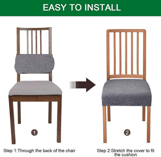 CRFATOP Waterproof Dining Room Chairs Seat Covers Set of 4 with Stretch Bench Slipcover Jacquard Kitchen Chair Slipcover Washable Seat Cushion Slipcover for Hotel Banquet Wedding Party, Dark Grey