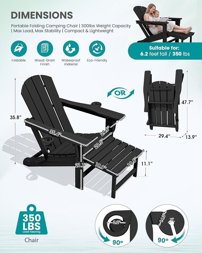 SERWALL Folding Adjustable Adirondack Chairs with Footrest Set of 2, HDPE Outdoor Chair with Dual Cup Holders, All Weather Adirondack Chair with Ottoman, Black