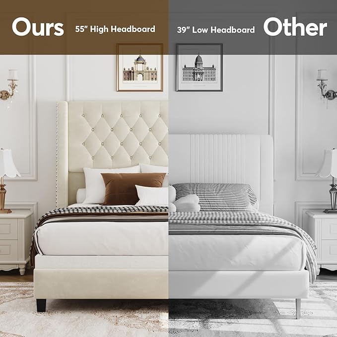Queen Bed Frame with 55" Tall Headboard, Upholstered Bed Frames, Soft Fabric, Button Tufted Headboard with Windback, Platform Bed, Noise-Free, No Box Spring Needed, Beige