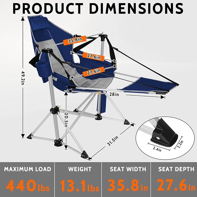 2 Pack Oversized Swing Hammock Camping Chairs with Footrests & Headrests, 440LBS Aluminum Reclining Outdoor Lounge Chairs, 49" Tall Folding Chairs with Cup Holders,Blue