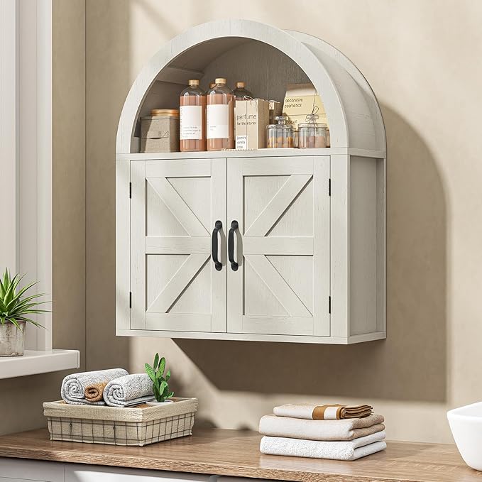Arched Bathroom Wall Cabinet, Farmhouse Medicine Cabinet with Barn Door and with Adjustable Shelf, 23.6 x 28.7'' Wooden Storage Cabinet Wall Mounted for Bathroom Laundry Room Kitchen, Rustic White