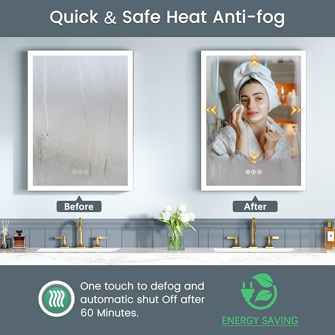 24x32 Inch Medicine Cabinet with Lights, AL Alloy Frame, Plug-in or Hardwired, Recessed or Wall Mount, Mirror Doors/3 Colors/Dimmable/Interior Sensor Light/Defog,2 Outlets &USBs,3 Shelves