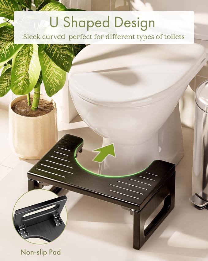 AmazerBath 7 Inches Bamboo Toilet Stool Squat for Adult, Foldable Squatting Potty Stool for Bathroom, 0.79" Thickness Poop Stools with Non-Slip Strip, Space-Saving, No Assembly Required, Black