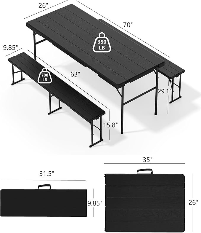 Folding Table with 2 Benches Set, 6FT Picnic Table with 2 Chairs, 3pcs Plastic Camping Tables and Foldable Bench Sets Indoor & Outdoor for Party, Camping, Picnic, Wedding, BBQ, Black