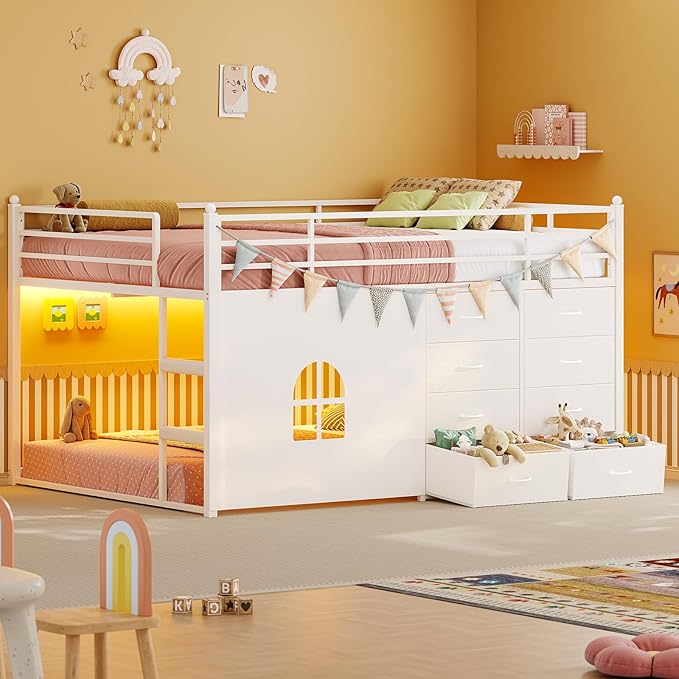 UPOSOJA Full Over Twin Bunk Bed with 8 Fabric Drawers, RGB LED Lights & Under-Bed Play Zone – F Over T Low Loft Bed with Soft Padded 2-Step Ladder, Space-Saving Bed for Kids, Teens (White, Full)