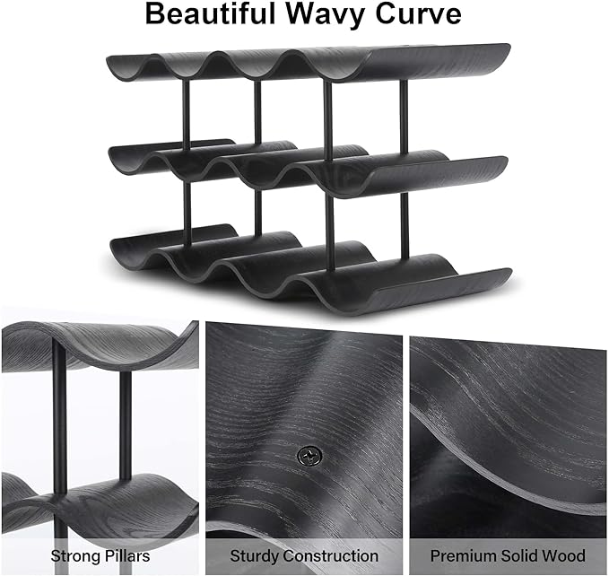 Countertop Wine Rack - 12 Bottle Freestanding Wine Bottle Holder Stand - 3 Tier Wooden Wine Storage Rack - Black Wavy Wine Organizer for Cabinet Pantry Home Kitchen Bar