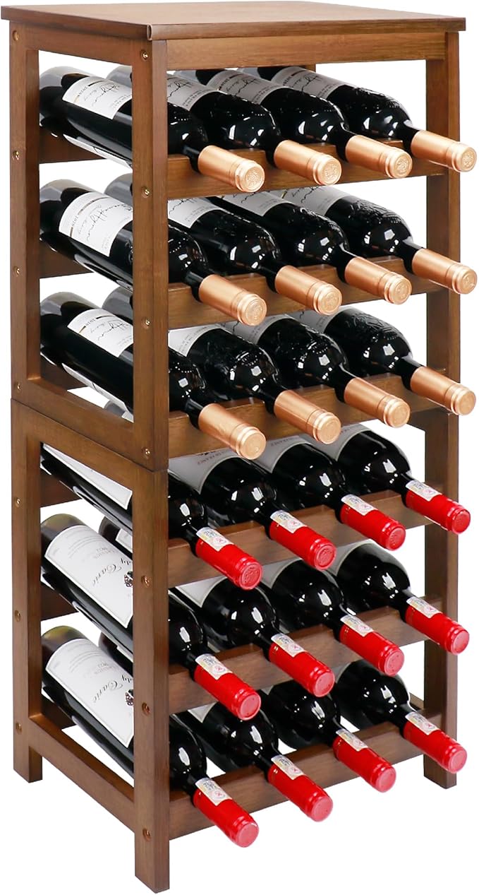 Wine Rack Free Standing Floor, 6-Tier 24 Bottles Display Wine Storage Shelves with Table Top, Easy-Assembly Freestanding Bamboo Wine Racks for Kitchen Dining Room Bar, Walnut