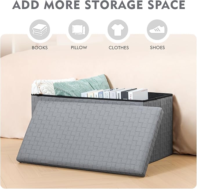 B FSOBEIIALEO Folding Storage Ottoman, Faux Leather Footrest Seat Long Bench Storage Box Chest, Grey 30"x15"x15"