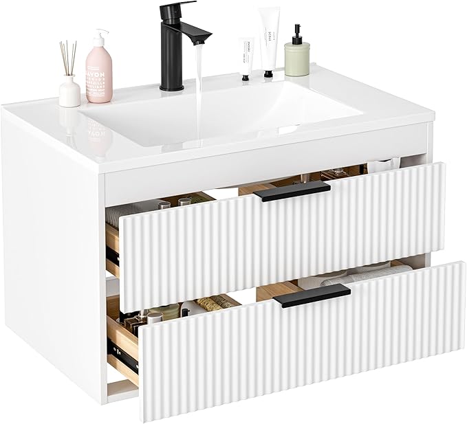 30 Inches Modern MDF Bathroom Vanity with Sink, Wall Mounted Floating Cabinets w/Double Drawers, Black Handles, White Resin Sink Combo Set (White, 30")