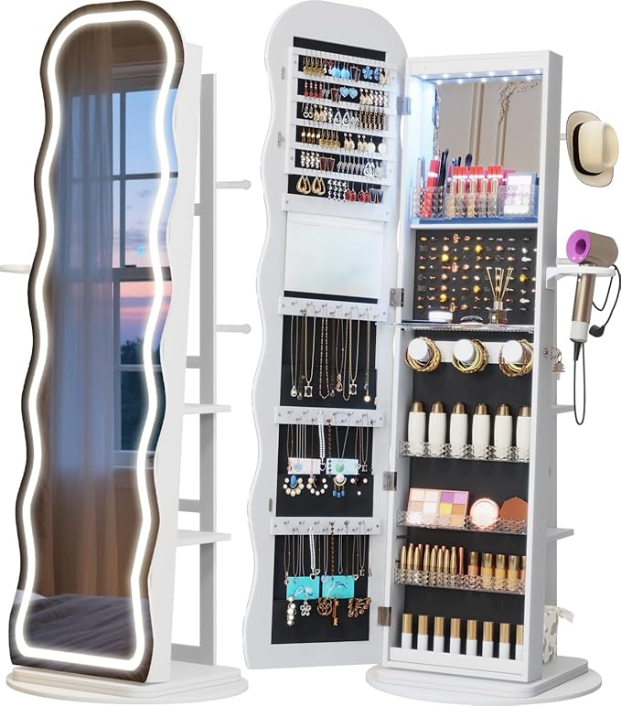 Vlsrka LED Mirror Jewelry Cabinet Standing, 360° Swivel Jewelry Aromire Organizer with Wavy Mirror, Lockable Jewelry Mirror with Storage, Jewelry Cabinet, Interior Mirror, Foldable Shelf (LED White)