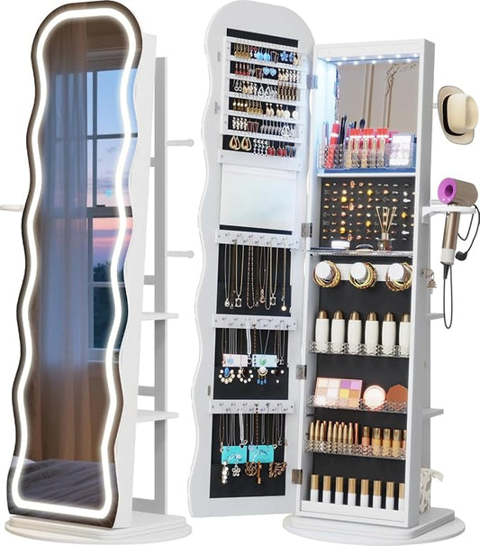 Vlsrka LED Mirror Jewelry Cabinet Standing, 360° Swivel Jewelry Aromire Organizer with Wavy Mirror, Lockable Jewelry Mirror with Storage, Jewelry Cabinet, Interior Mirror, Foldable Shelf (LED White)