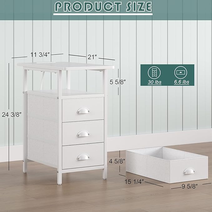 sthmec End Table with Charging Station, Side Tables Livingroom with USB Ports and Outlets,Narrow Nightstands Bedside Tables with 3 Drawers PU Finish for Small Space,Slim Sofa Table Bedroom,White