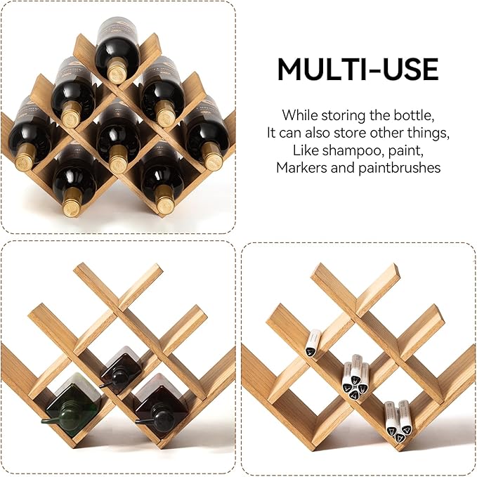 KIRIGEN Wooden 8-Bottle Wine Rack, 3-Tier Countertop Wine Bottle Holder for Cabinets, Bar Cart, Kitchen Counter, Pantry, Dining Room, Wood Stain, 16.73 x 5.91 x 11.14 in, XHJJ3-NA